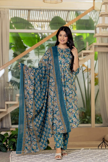 TURQUOISE BLUE PLEATED SUIT SET