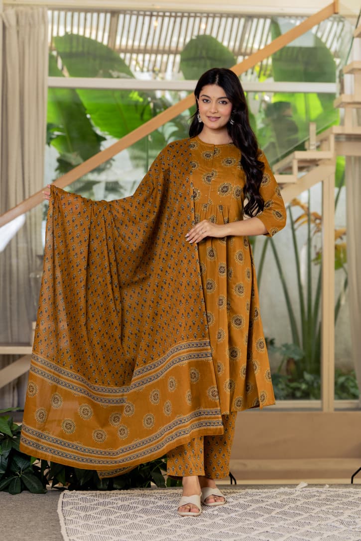 MUSTARD BLOCK PRINT PLEATED SUIT SET