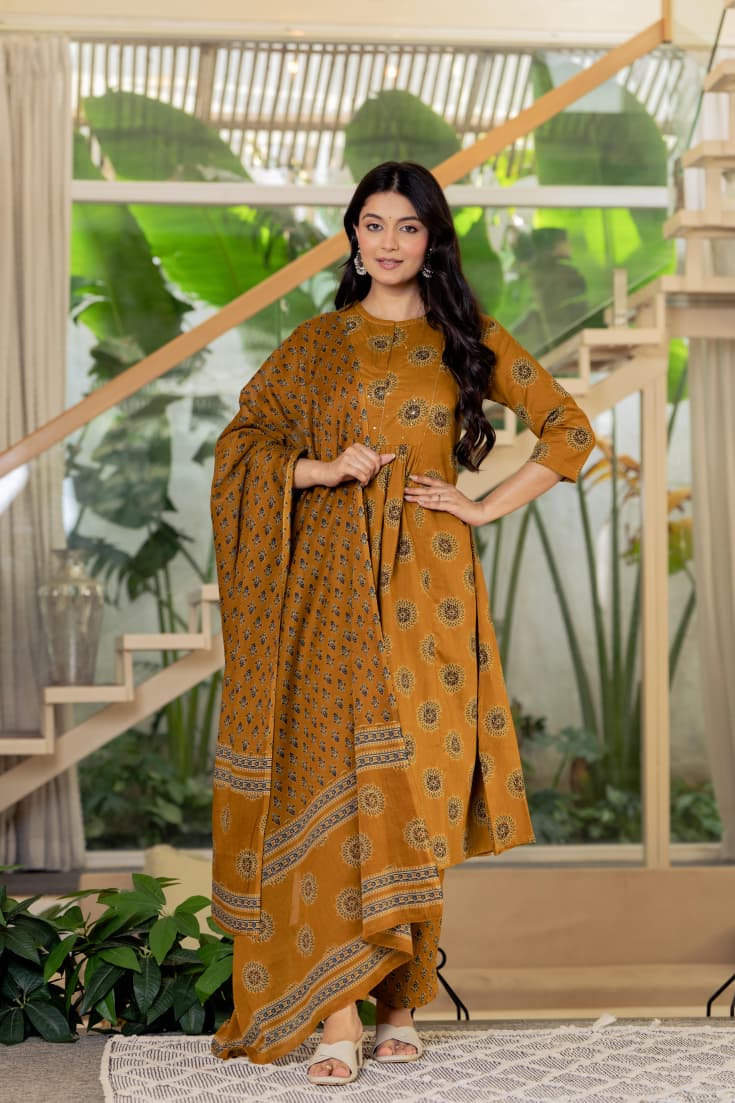 MUSTARD BLOCK PRINT PLEATED SUIT SET