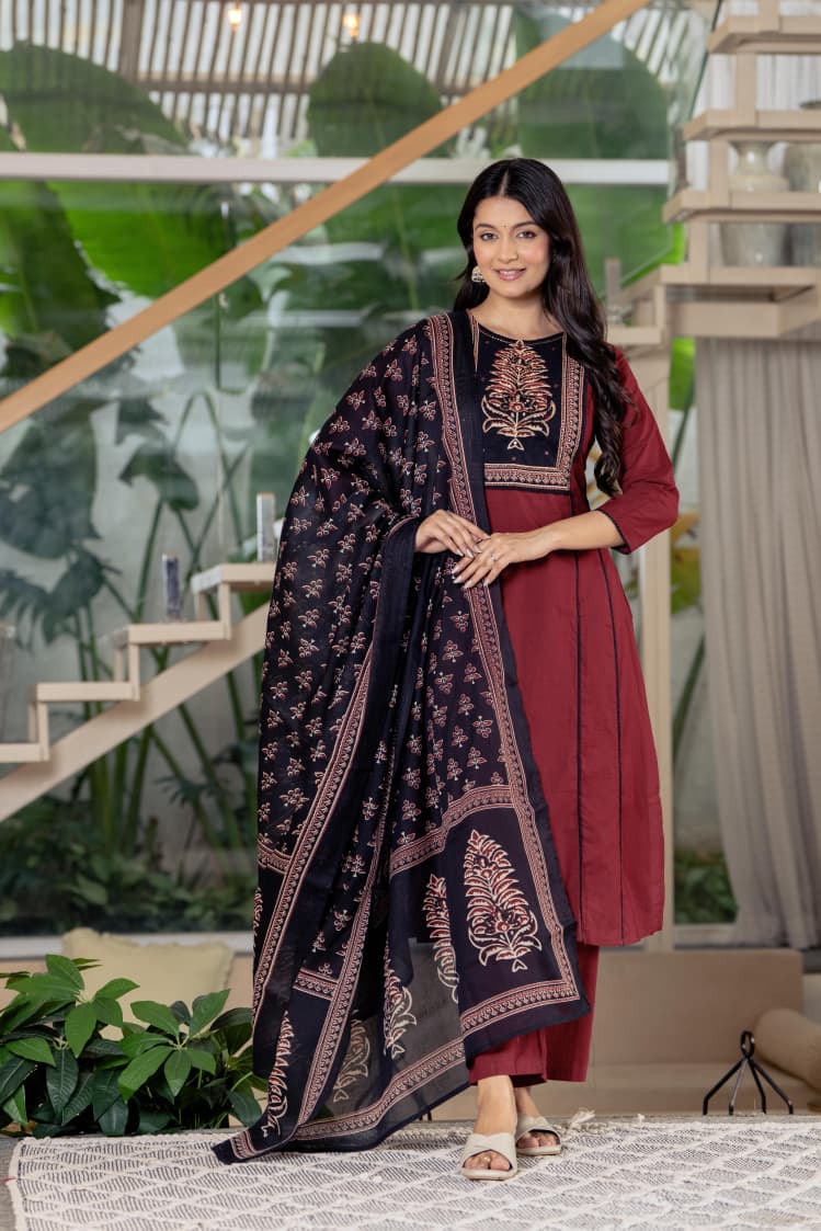LEAF MAROON LACE  STRAIGHT SUIT SET