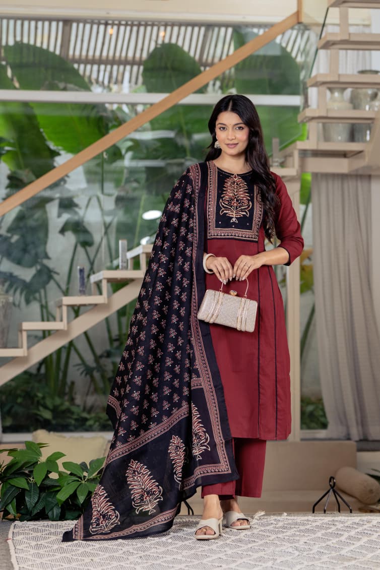 LEAF MAROON LACE  STRAIGHT SUIT SET