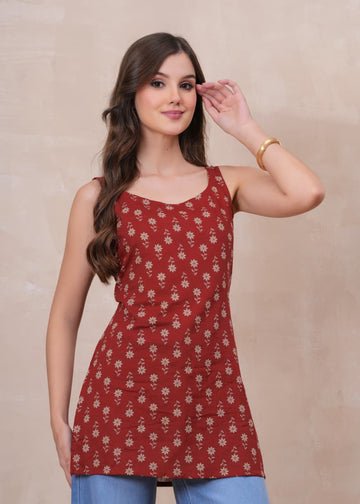 RUST BLOSSOM SLEEVELESS SHORT KURTI