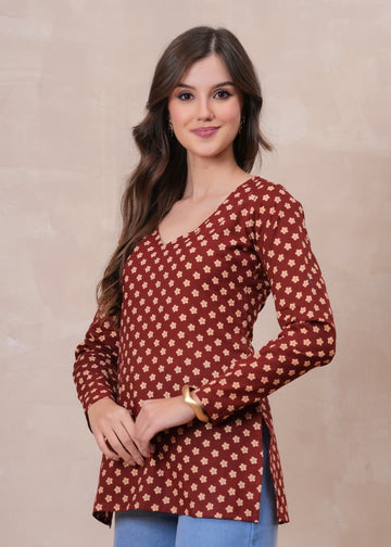 RUST BLOSSOM FULL SLEEVES  SHORT KURTI
