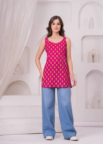 FUCHSIA BLOOM SLEEVELESS SHORT KURTI