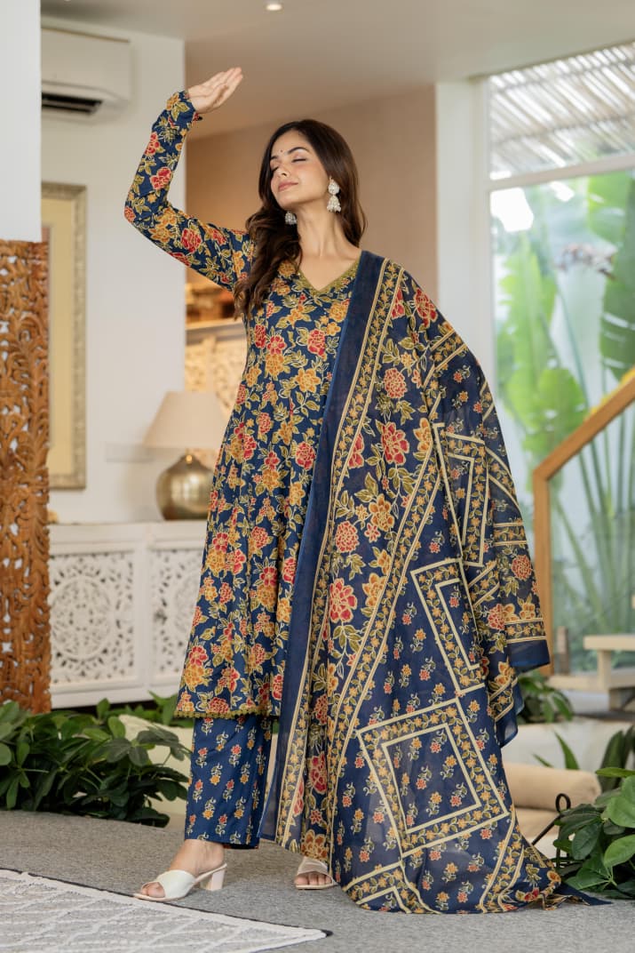 NAVY BLUE FLORAL KALIDAR SUIT SET