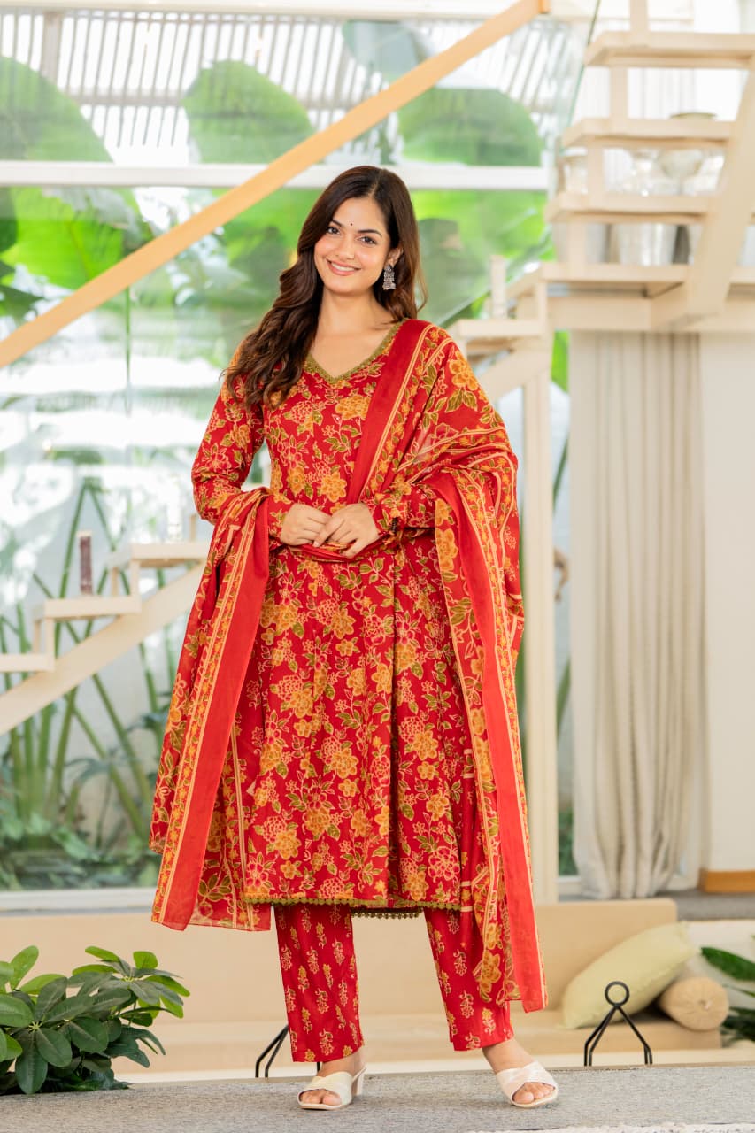 RUSTIC RED FLORAL KALIDAR SUIT SET