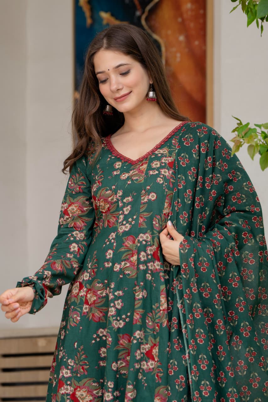 DARK GREEN FLORAL KALIDAR SUIT SET