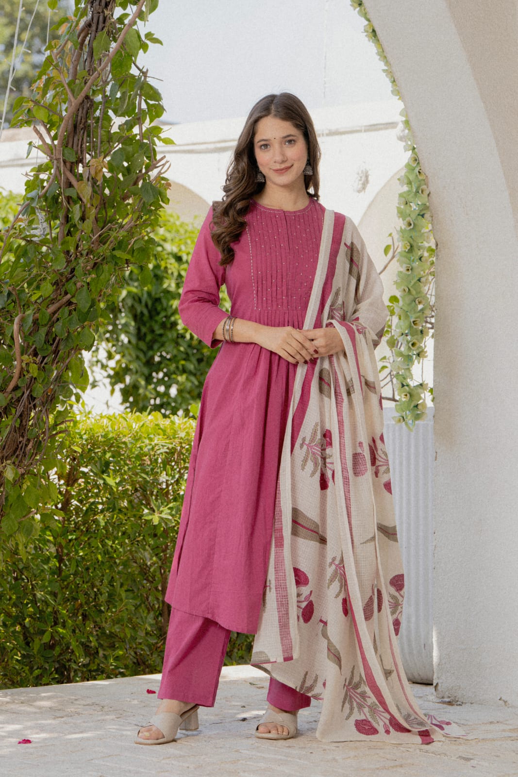 PINK PINTUCK PLEATED SUIT SET