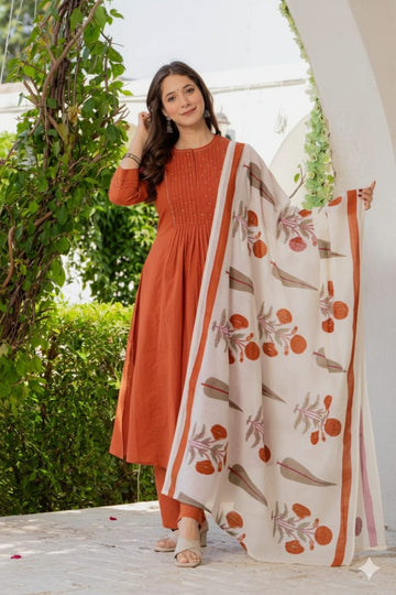 RUST ORANGE PINTUCK PLEATED SUIT SET