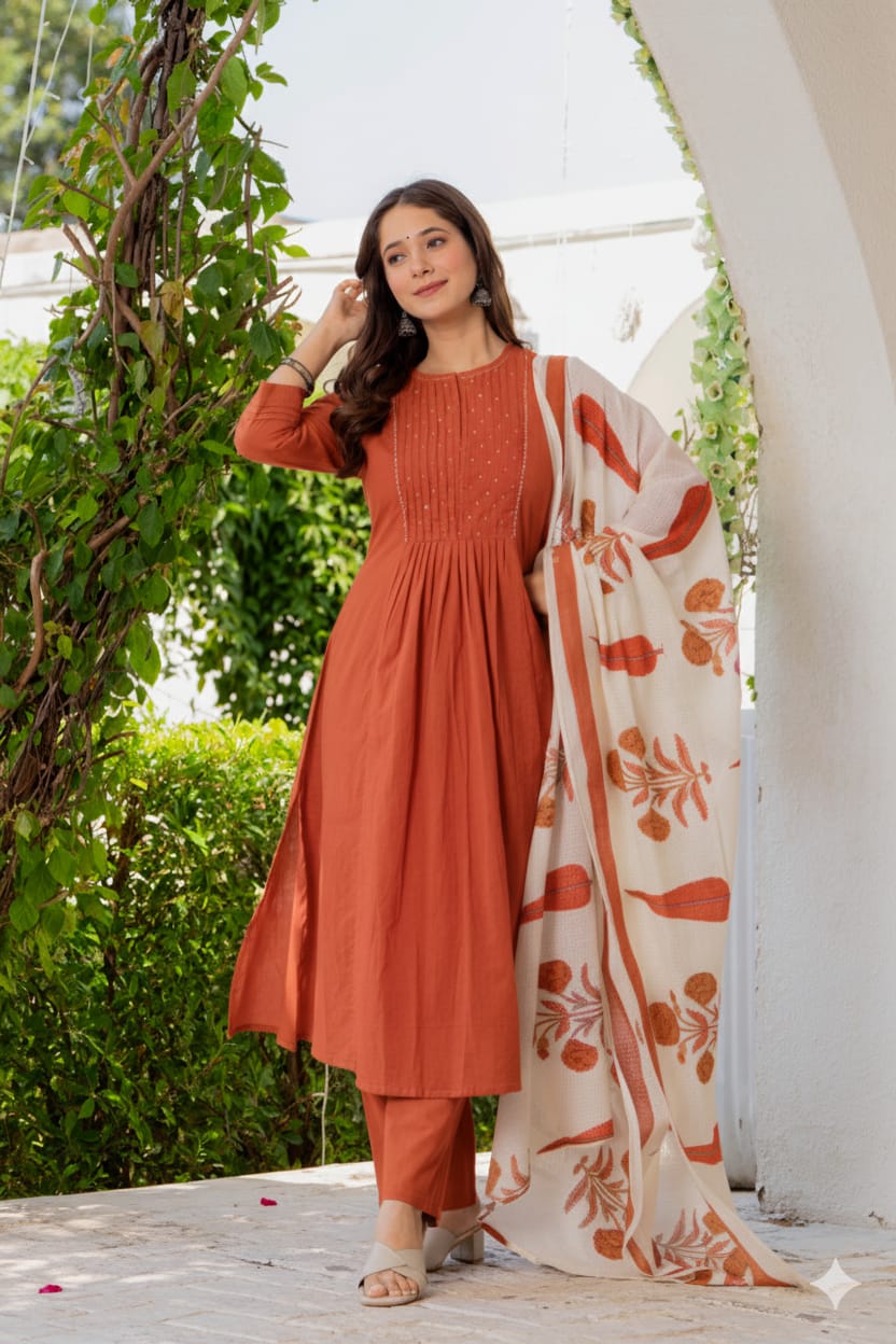 RUST ORANGE PINTUCK PLEATED SUIT SET