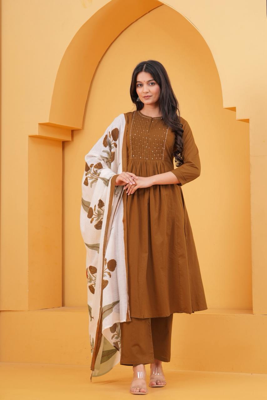 BROWN PINTUCK PLEATED SUIT SET