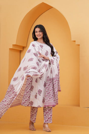 WHITE BUTA STRAIGHT SUIT SET
