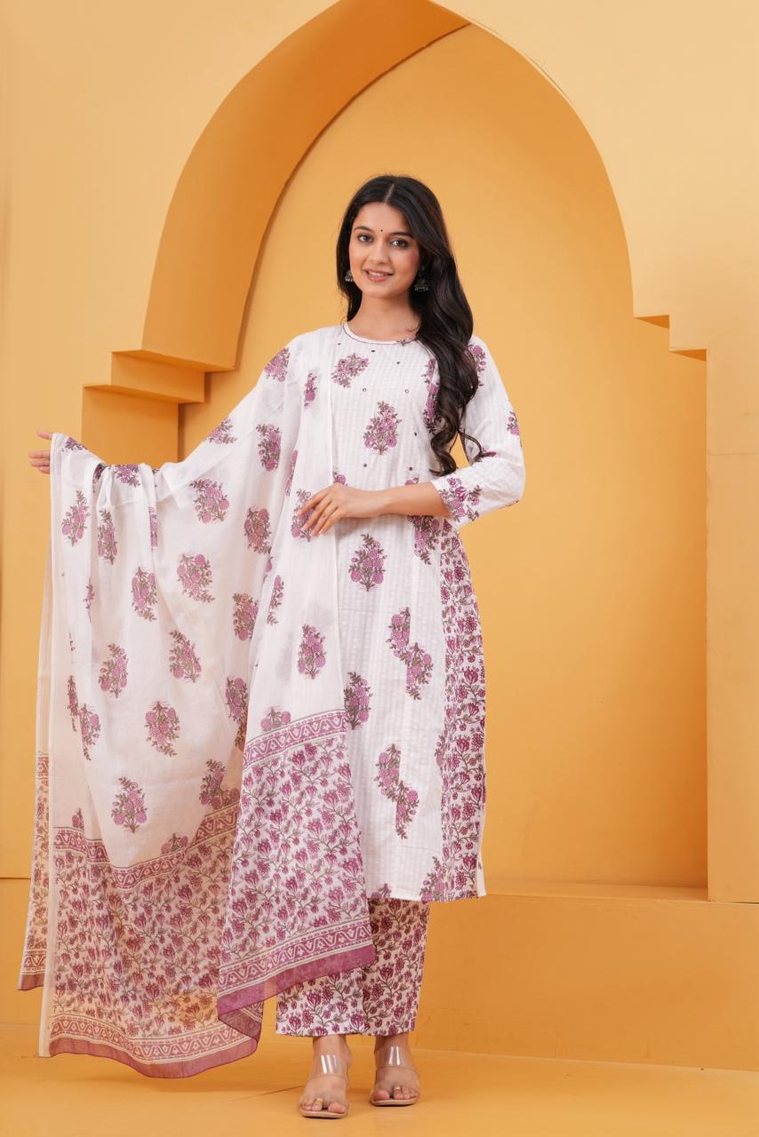 WHITE BUTA STRAIGHT SUIT SET