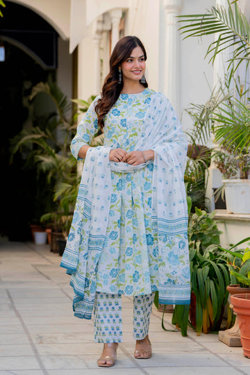 AQUA BLUE WHITE PLEATED SUIT SET