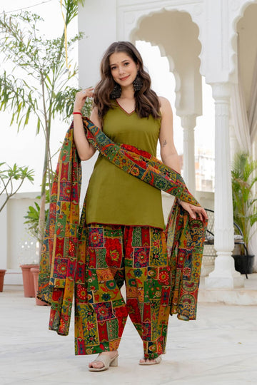OLIVE MULTICOLOR FARSHI SUIT SET (SLEEVELESS)