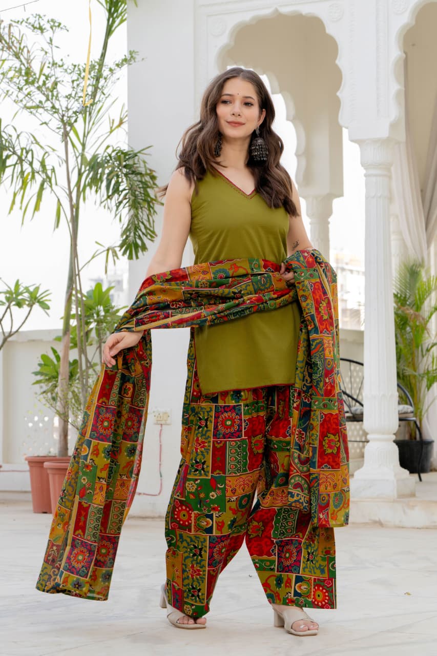 OLIVE MULTICOLOR FARSI SUIT SET (SLEEVELESS)