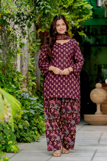 DEEP PLUM FLORAL FARSHI SUIT SET