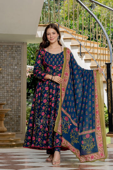 NAVY ROSE FLORAL ANARKALI SUIT SET
