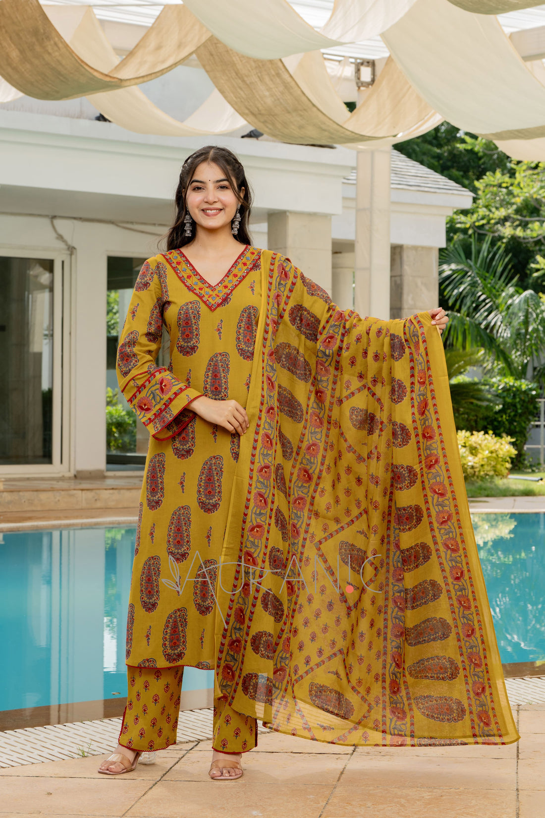 OLD GOLD LACE DETAILED STRAIGHT SUIT SET