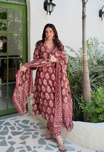 REDDISH BROWN LACE DETAILED STRAIGHT SUIT SET