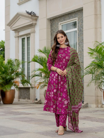 MAGENTA FLORAL PLEATED SUIT SET
