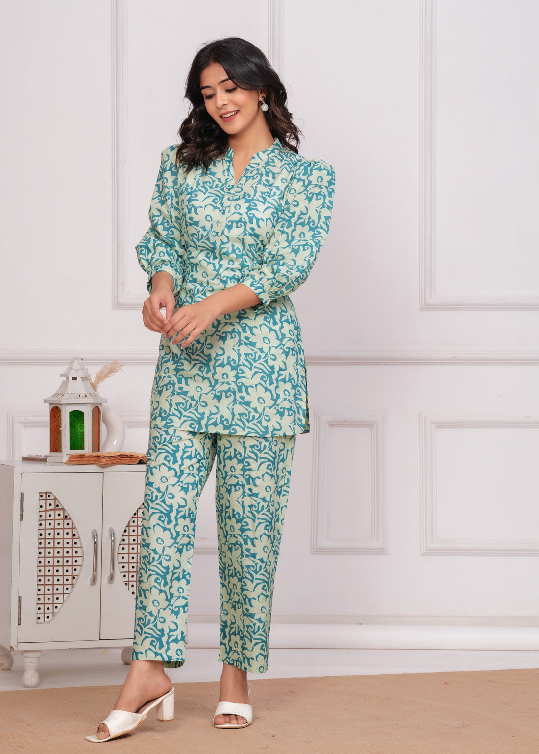 SEA GREEN PUFF SLEEVES CORD SET