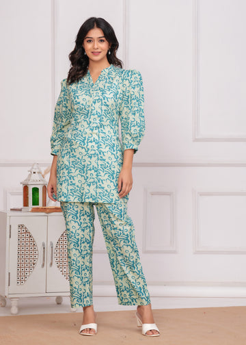 SEA GREEN PUFF SLEEVES CORD SET