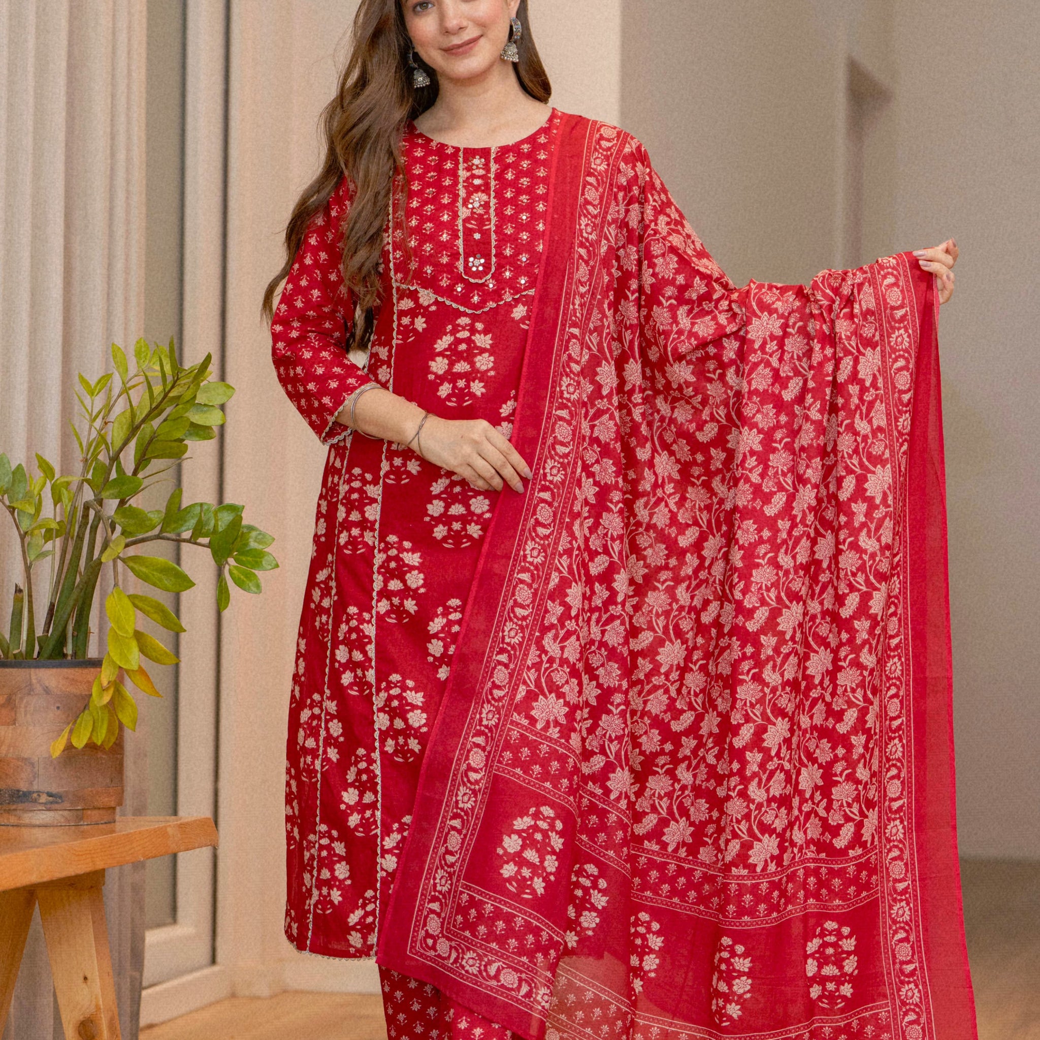 RED HAND BLOCK PRINT STRAIGHT SUIT SET