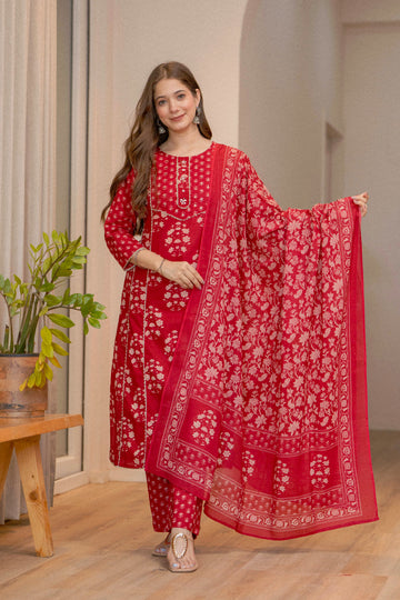 RED HAND BLOCK PRINT STRAIGHT SUIT SET