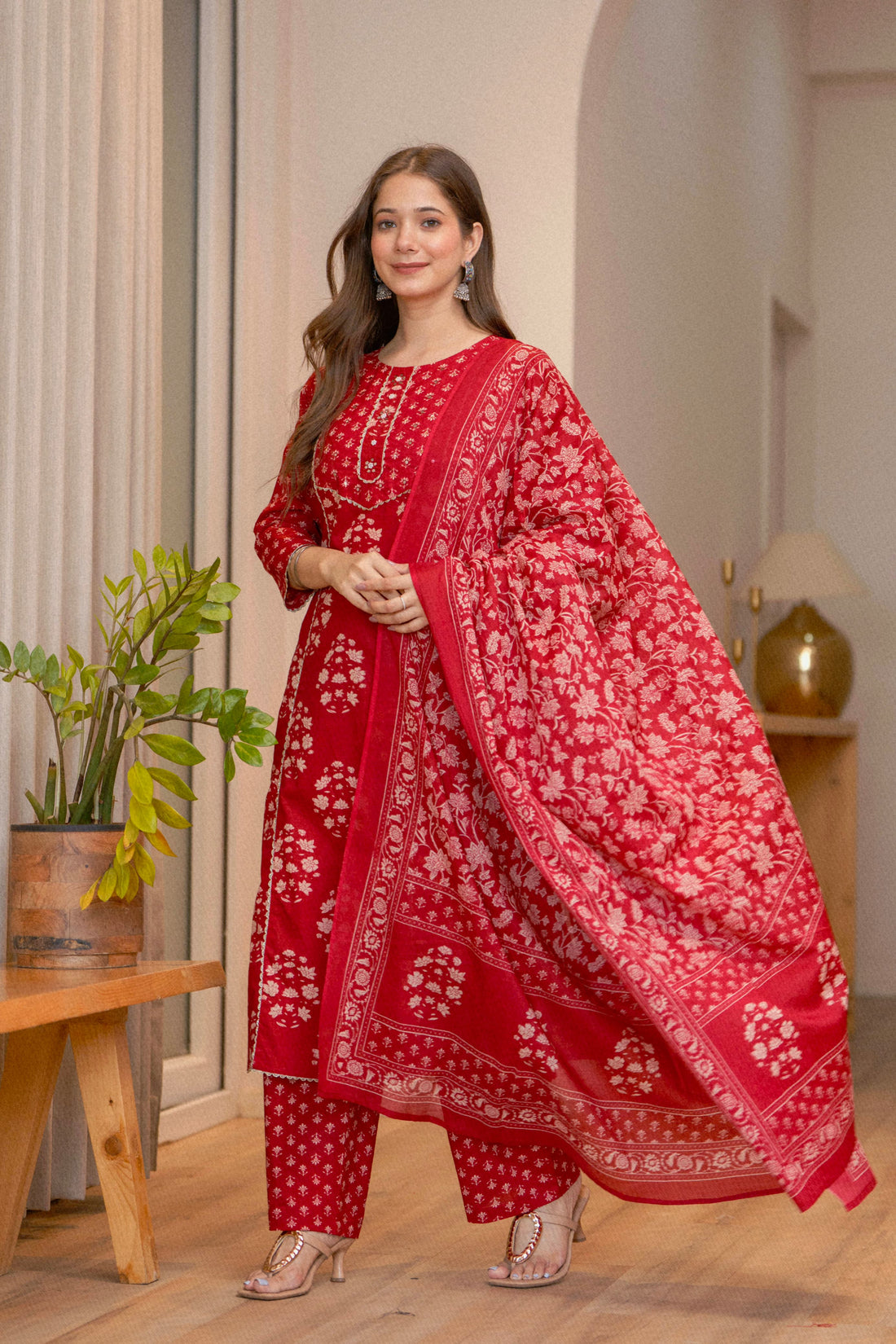RED HAND BLOCK PRINT STRAIGHT SUIT SET