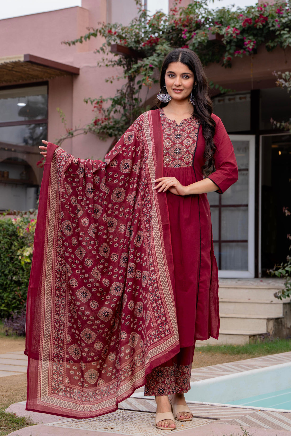 PLEATED AJRAK MAROON SUIT SET