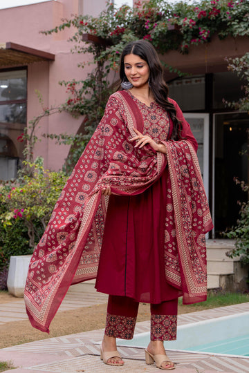 PLEATED AJRAK MAROON SUIT SET