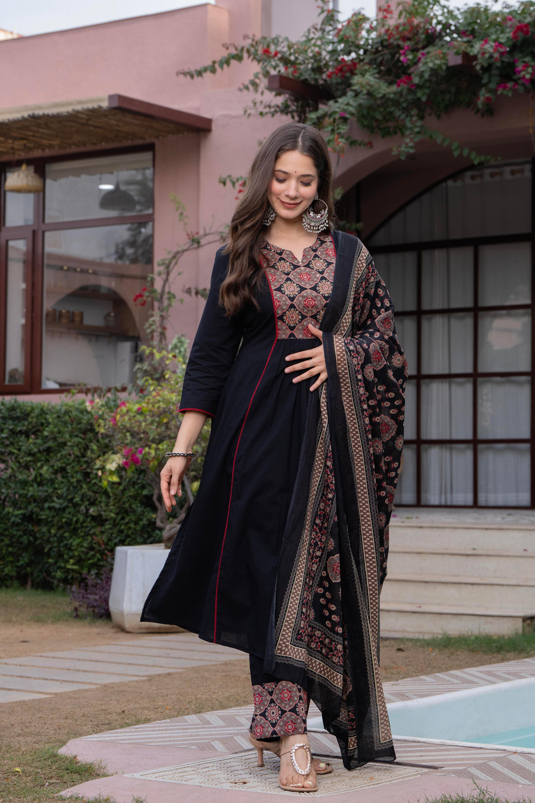 PLEATED AJRAK BLACK SUIT SET