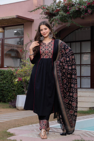 PLEATED AJRAK BLACK SUIT SET