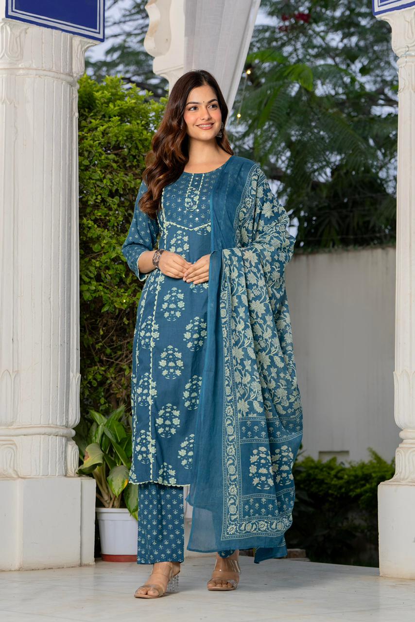 BLUE HAND BLOCK PRINT STRAIGHT SUIT SET
