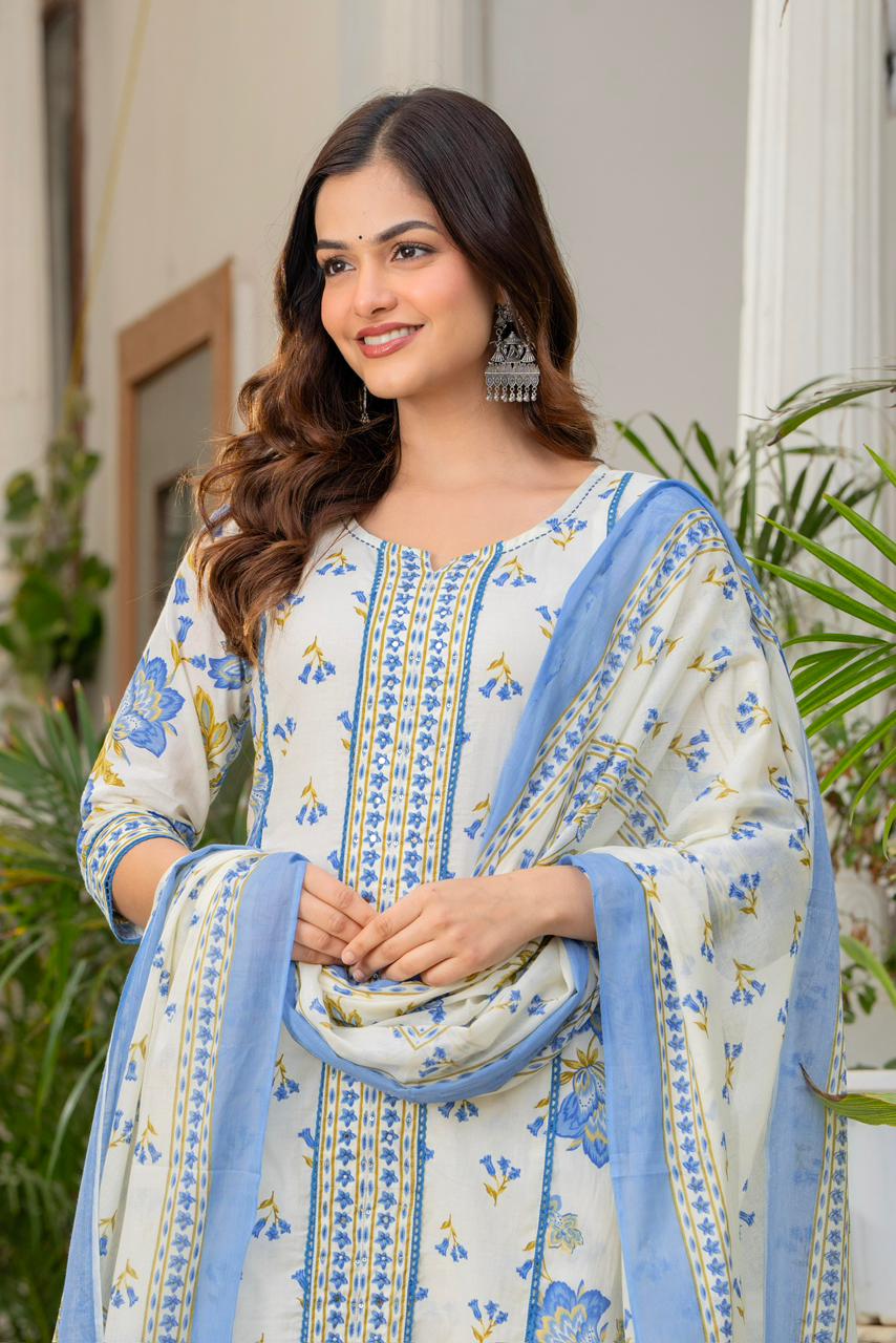IVORY BLUE LACE STRAIGHT SUIT SET