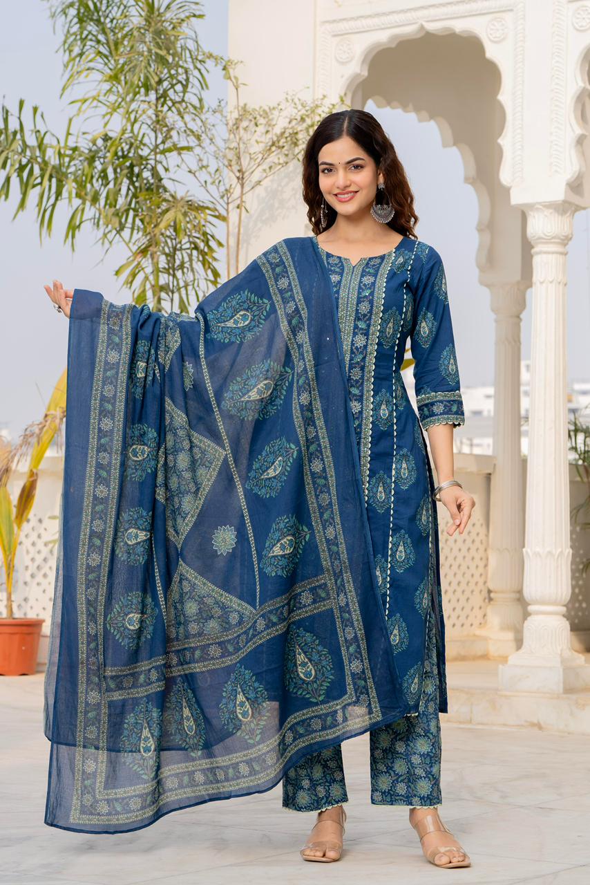 NAVY BLUE LACE STRAIGHT SUIT SET