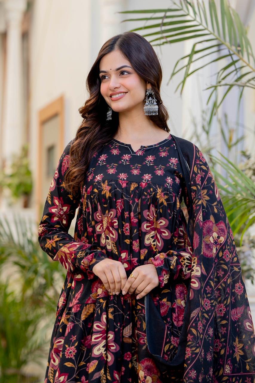 BLACK FLORAL TIERED GRACE DRESS