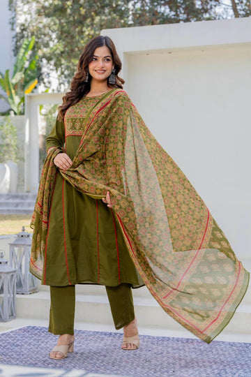 OLIVE GREEN LACE STRAIGHT SUIT SET