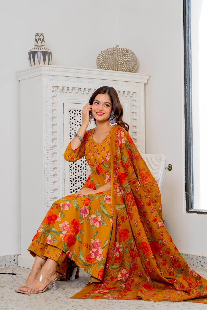 MUSTARD BLOOM ANARKALI SUIT SET