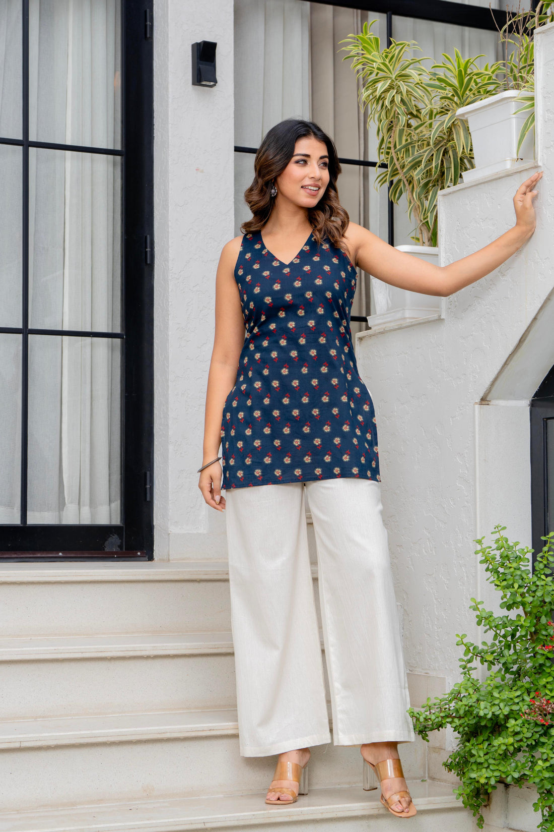 NAVY BLOSSOM HALTER NECK KURTI