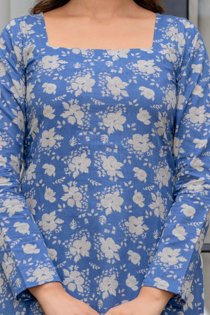 DUSKY INDIGO BLOOM SQUARE NECK KURTI