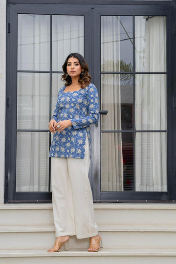 DUSKY INDIGO BLOOM SQUARE NECK KURTI