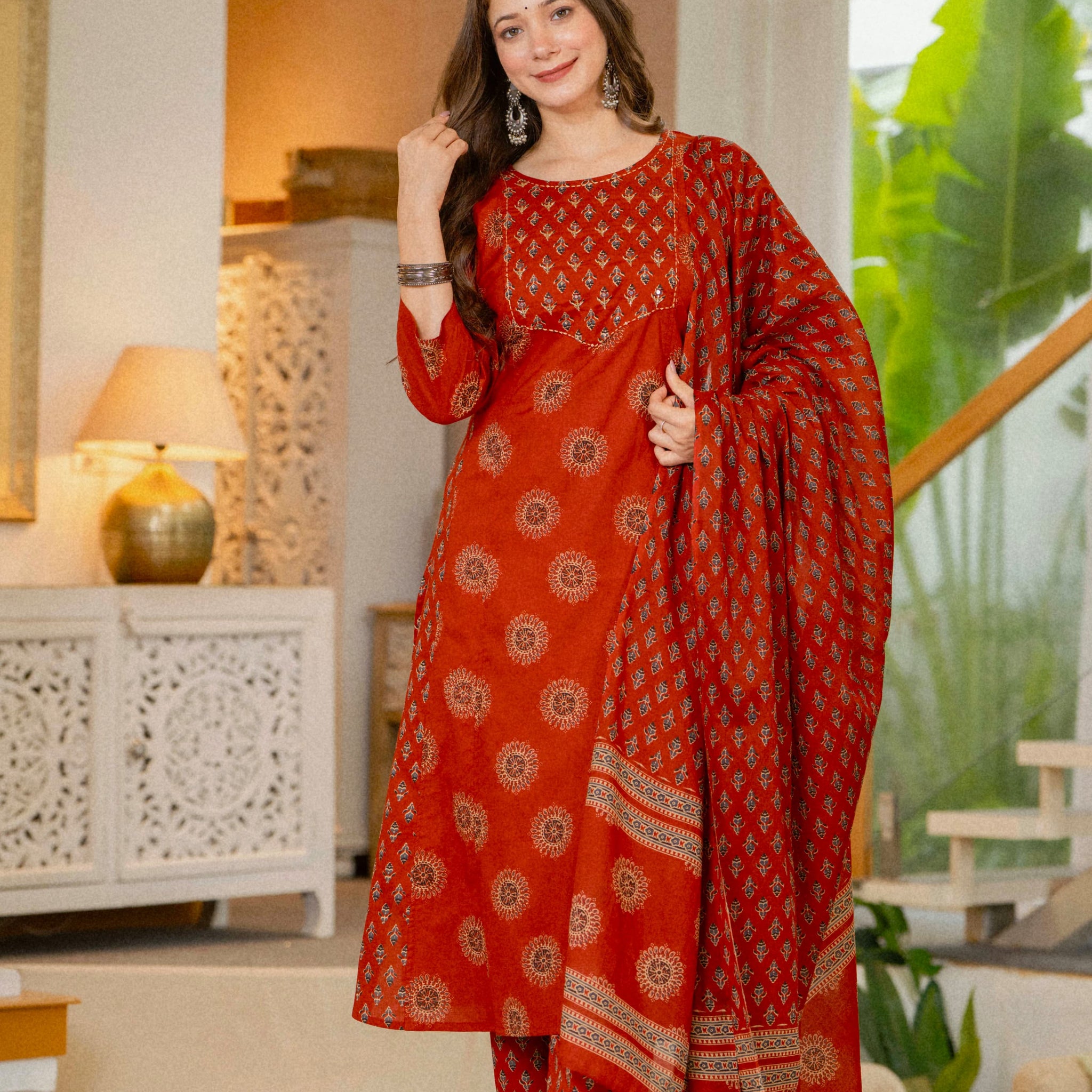 RUST ORANGE BLOCK PRINT STRAIGHT SUIT SET