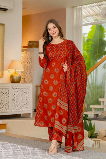 RUST ORANGE BLOCK PRINT STRAIGHT SUIT SET