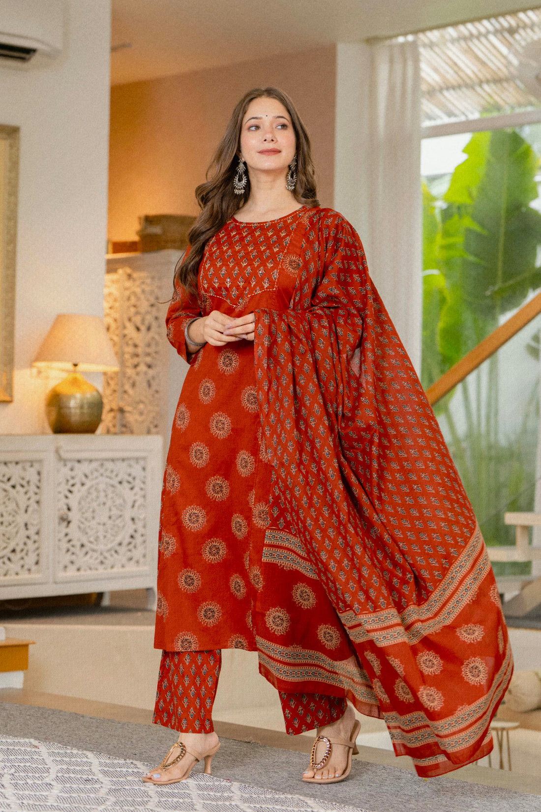 RUST ORANGE BLOCK PRINT STRAIGHT SUIT SET